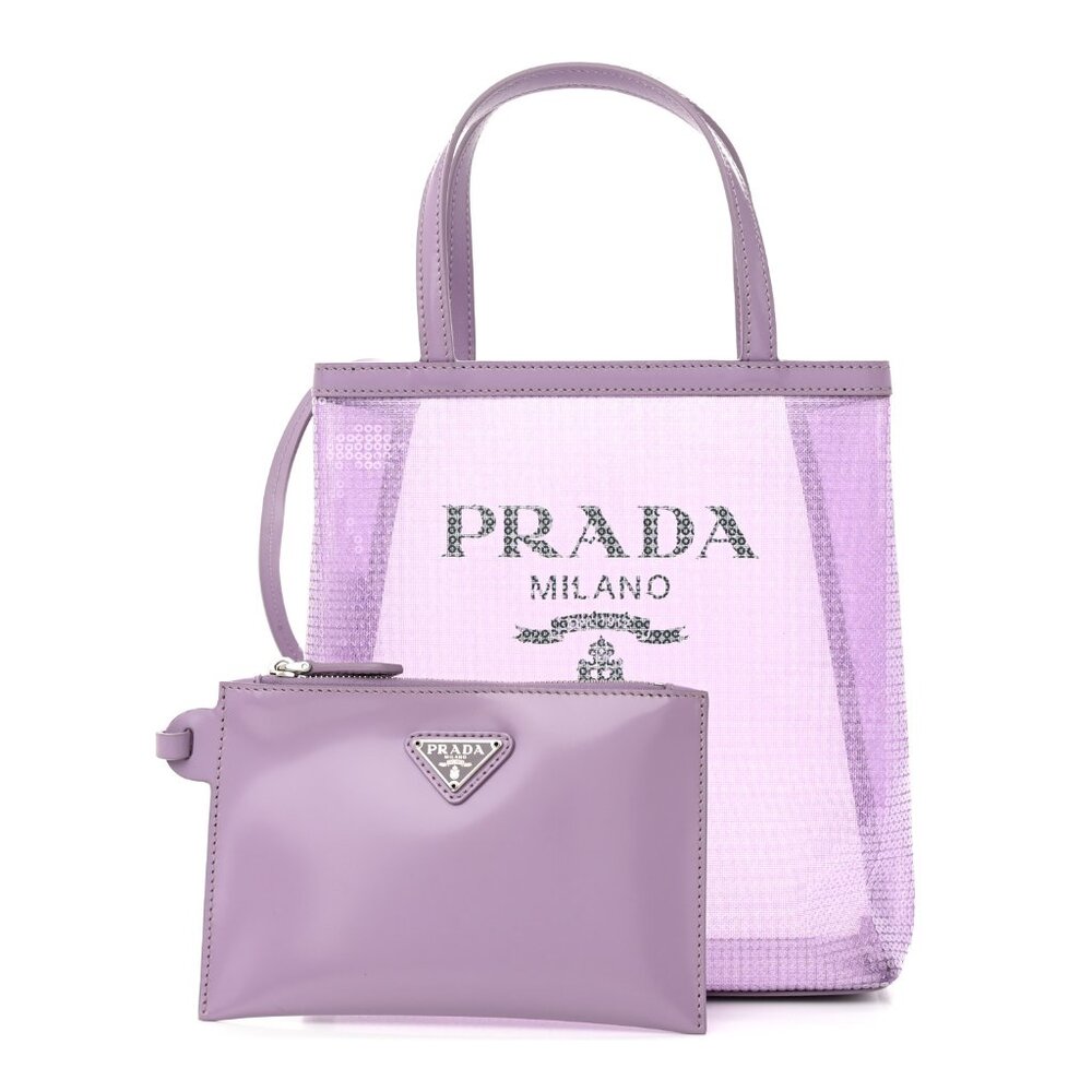 AUTHENTIC PRADA Light Purple Sequin & Mesh Tote With Pouch